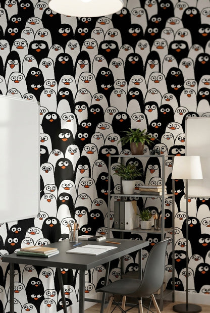 Penguen Desenli Duvar Kağıdı Siyah Beyaz Çocuk Odası