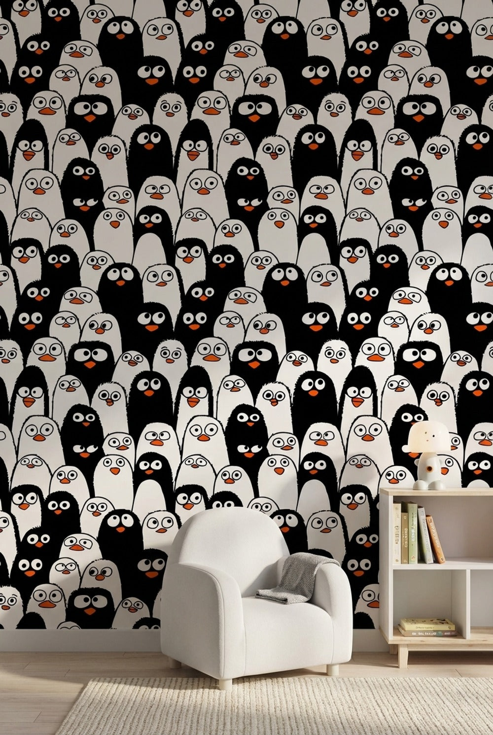 Penguen Desenli Duvar Kağıdı Siyah Beyaz Çocuk Odası