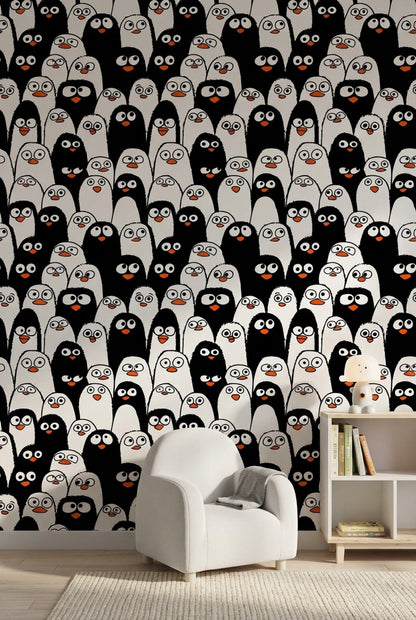 Penguen Desenli Duvar Kağıdı Siyah Beyaz Çocuk Odası