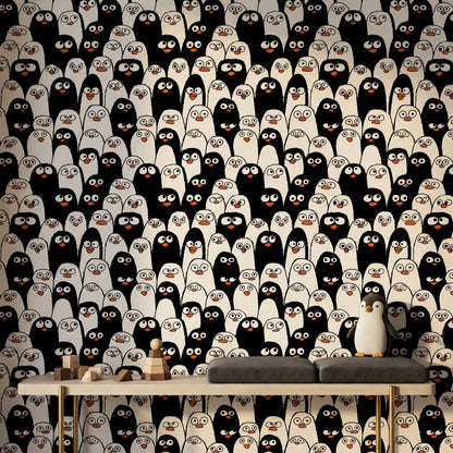 Penguen Desenli Duvar Kağıdı Siyah Beyaz Çocuk Odası