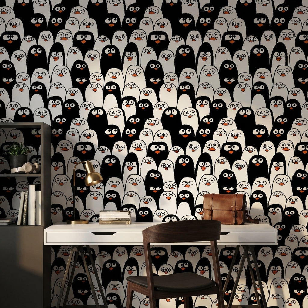 Penguen Desenli Duvar Kağıdı Siyah Beyaz Çocuk Odası