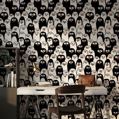 Penguen Desenli Duvar Kağıdı Siyah Beyaz Çocuk Odası