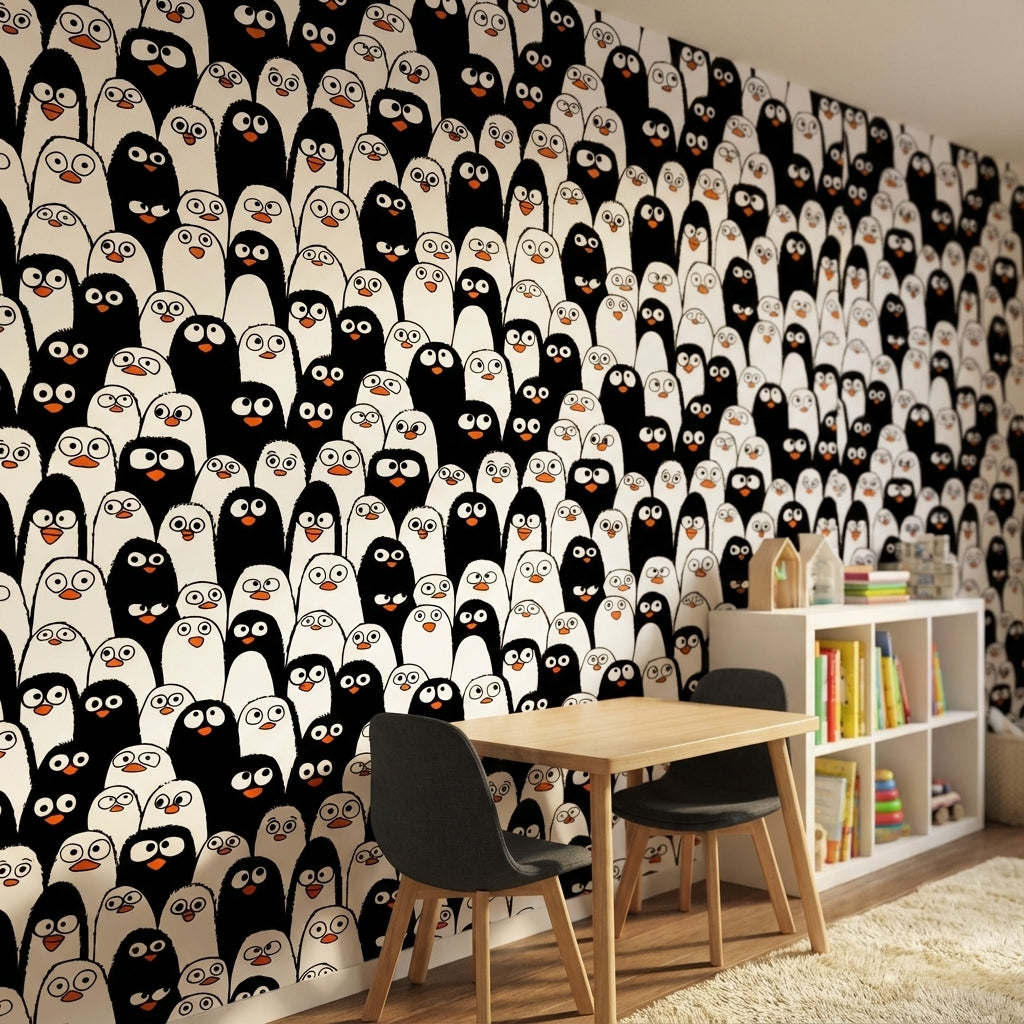 Penguen Desenli Duvar Kağıdı Siyah Beyaz Çocuk Odası