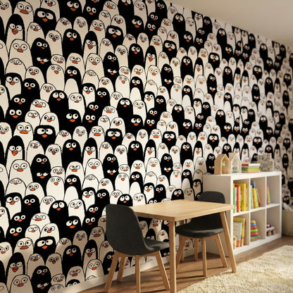 Penguen Desenli Duvar Kağıdı Siyah Beyaz Çocuk Odası