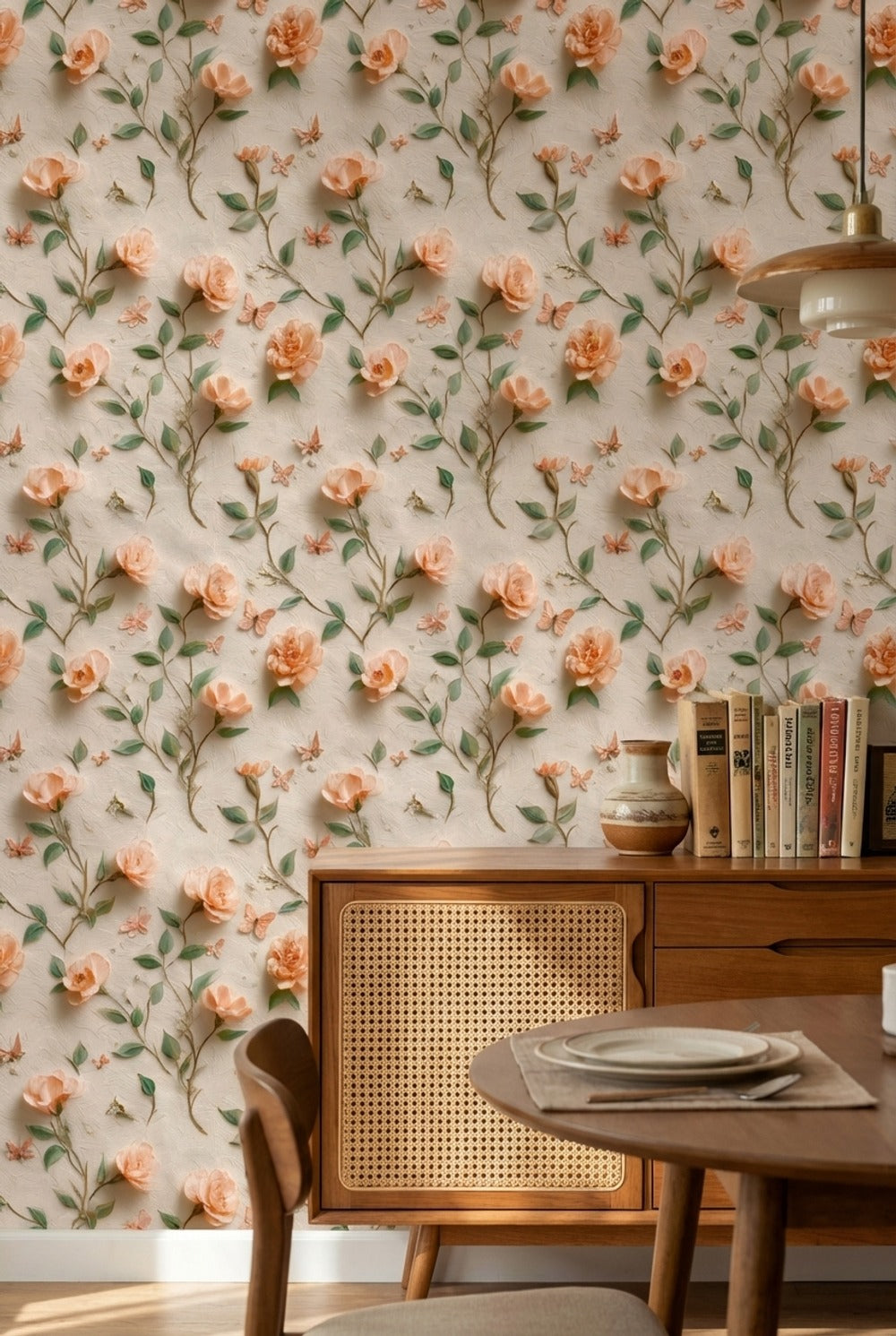Pembe Güllü Duvar Kağıdı Kelebekli Vintage Yatak Odası Deseni