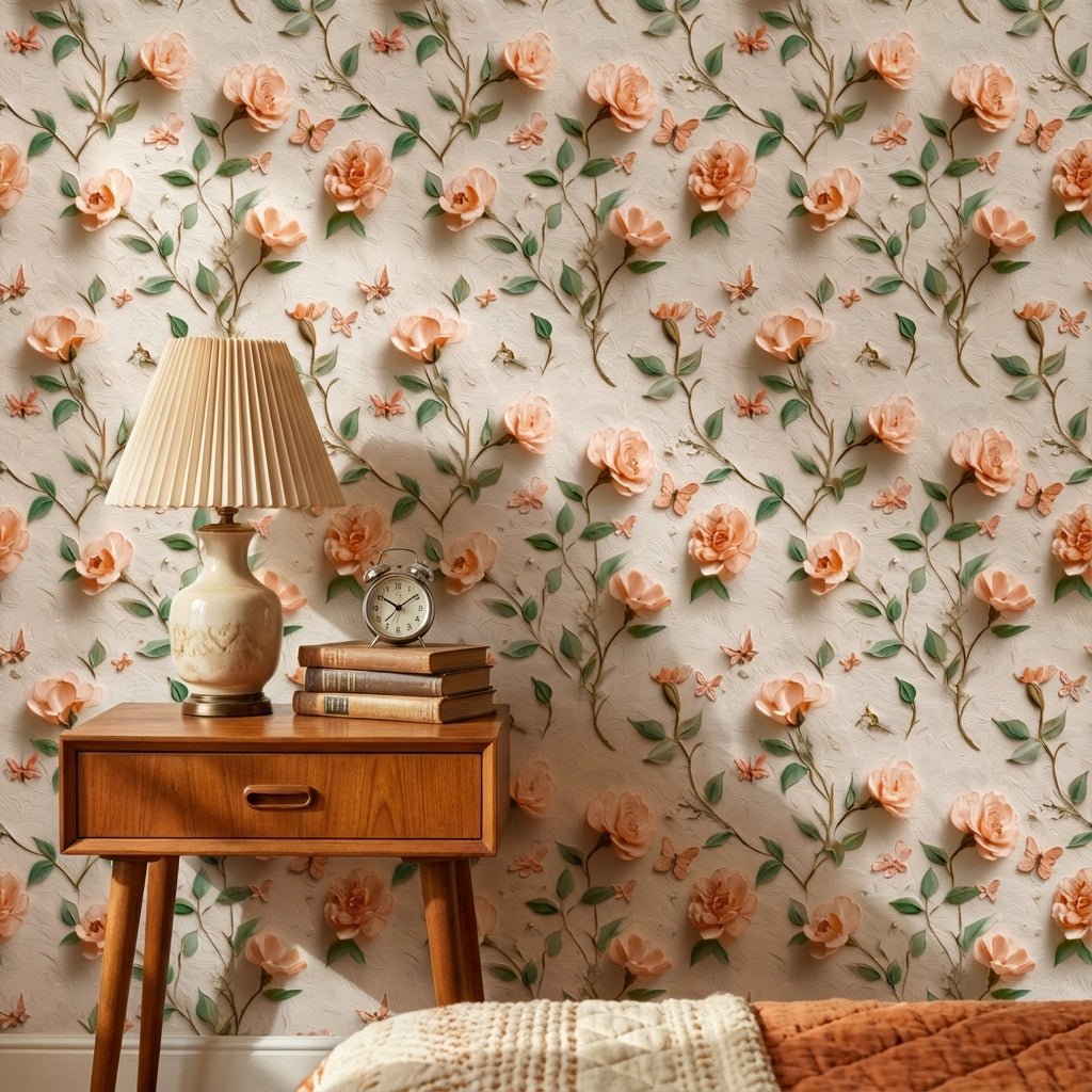 Pembe Güllü Duvar Kağıdı Kelebekli Vintage Yatak Odası Deseni