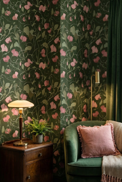 Pembe Çiçekli Duvar Kağıdı Koyu Yeşil Vintage Desen