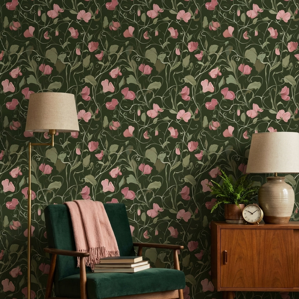 Pembe Çiçekli Duvar Kağıdı Koyu Yeşil Vintage Desen
