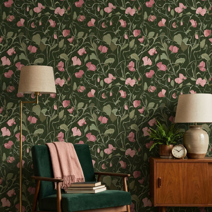 Pembe Çiçekli Duvar Kağıdı Koyu Yeşil Vintage Desen