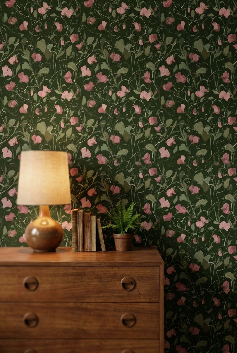 Pembe Çiçekli Duvar Kağıdı Koyu Yeşil Vintage Desen