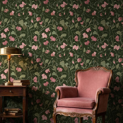 Pembe Çiçekli Duvar Kağıdı Koyu Yeşil Vintage Desen