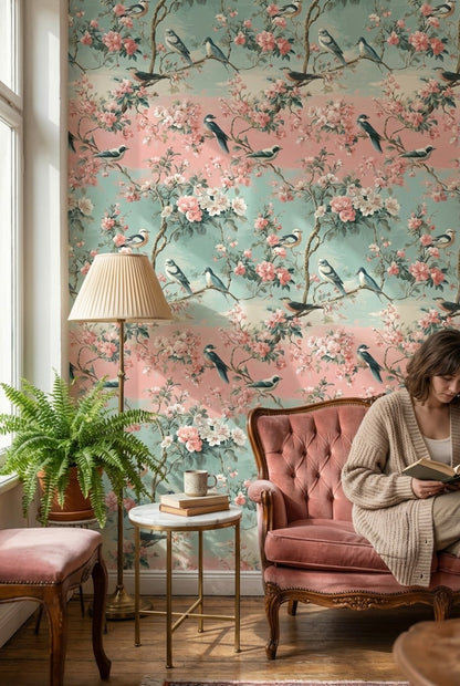 Kuşlu Çiçek Desenli Duvar Kağıdı Pastel Yeşil Pembe