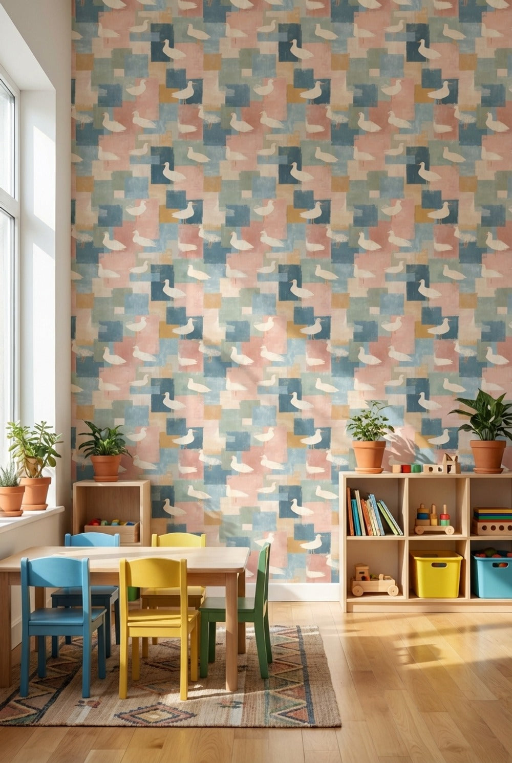 Martı Desenli Duvar Kağıdı Pastel Mavi Pembe Geometrik