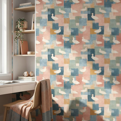 Martı Desenli Duvar Kağıdı Pastel Mavi Pembe Geometrik