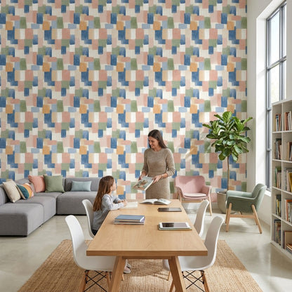 Geometrik Kare Desenli Duvar Kağıdı Pastel Mavi Salon
