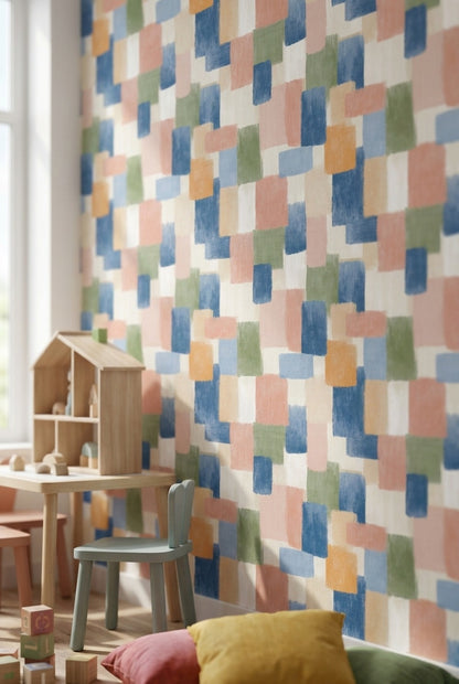 Geometrik Kare Desenli Duvar Kağıdı Pastel Mavi Salon