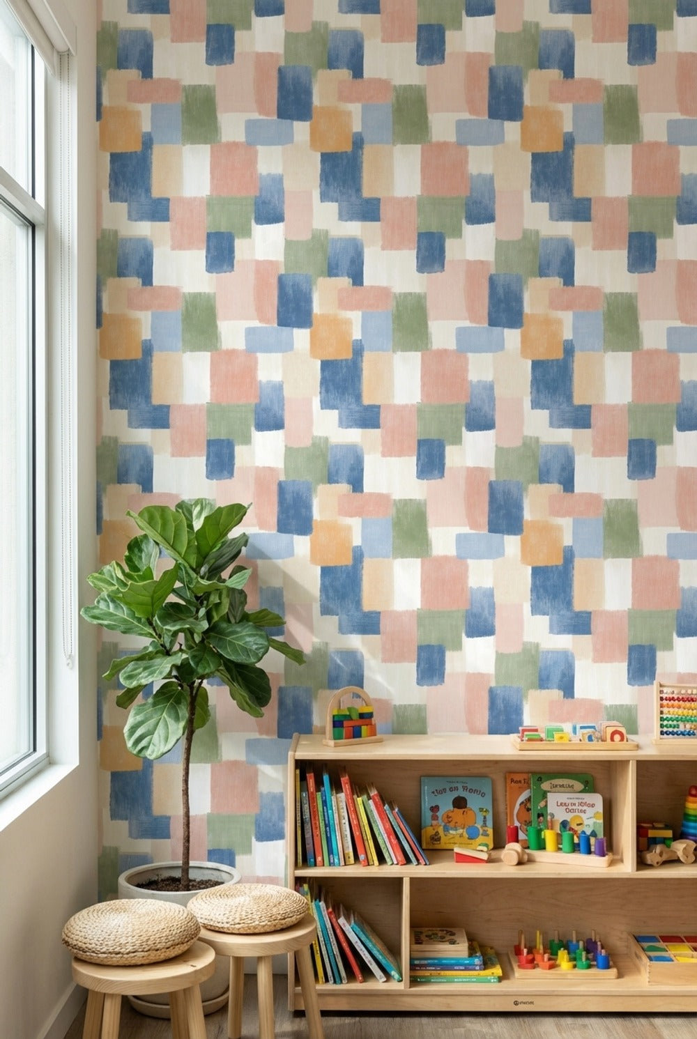 Geometrik Kare Desenli Duvar Kağıdı Pastel Mavi Salon