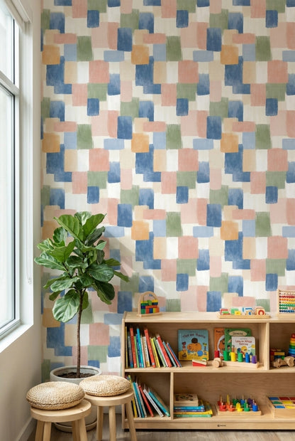 Geometrik Kare Desenli Duvar Kağıdı Pastel Mavi Salon