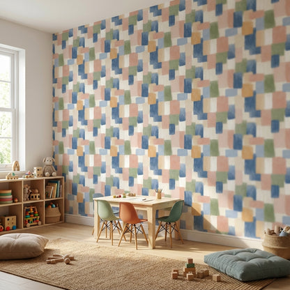 Geometrik Kare Desenli Duvar Kağıdı Pastel Mavi Salon