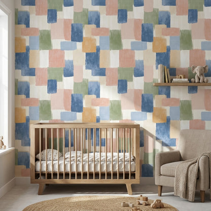 Geometrik Kare Desenli Duvar Kağıdı Pastel Mavi Salon