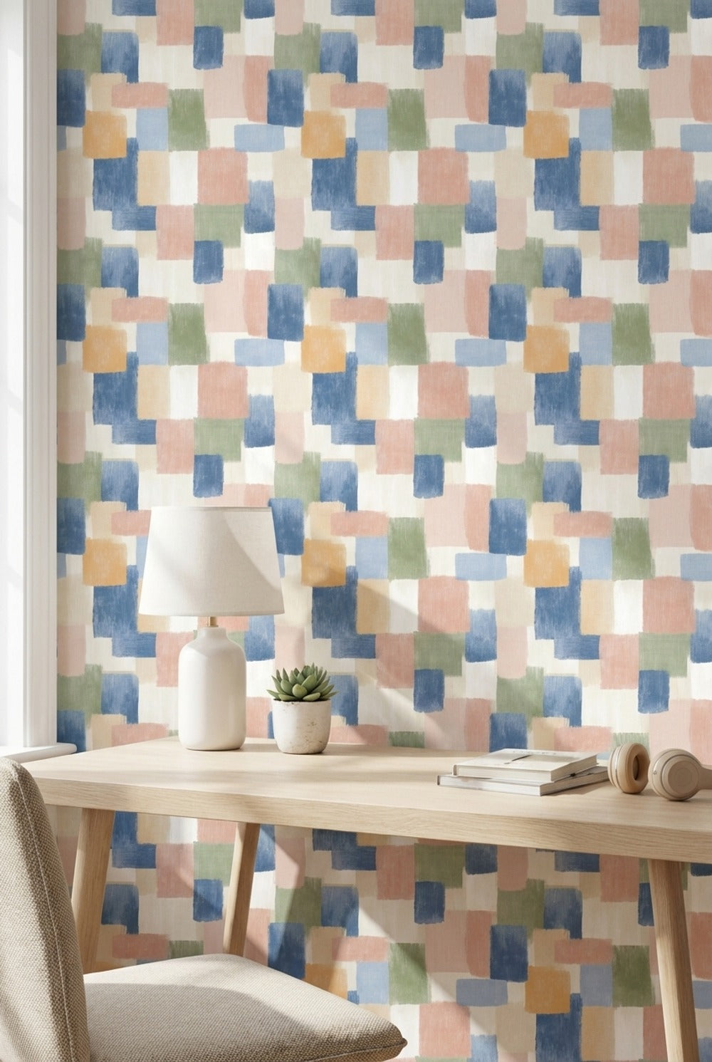 Geometrik Kare Desenli Duvar Kağıdı Pastel Mavi Salon