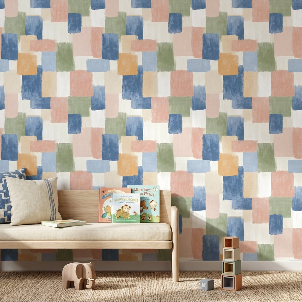 Geometrik Kare Desenli Duvar Kağıdı Pastel Mavi Salon