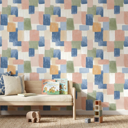 Geometrik Kare Desenli Duvar Kağıdı Pastel Mavi Salon