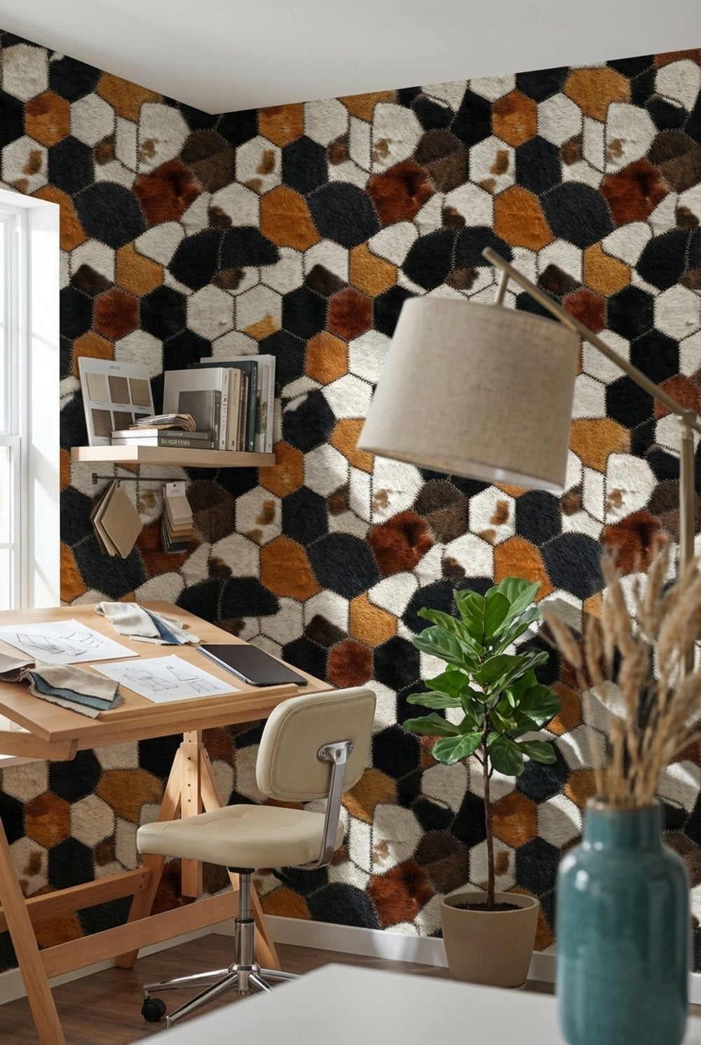 Altıgen Geometrik Duvar Kağıdı Siyah Hardal Salon Deseni