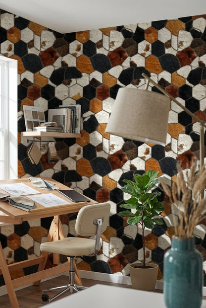 Altıgen Geometrik Duvar Kağıdı Siyah Hardal Salon Deseni