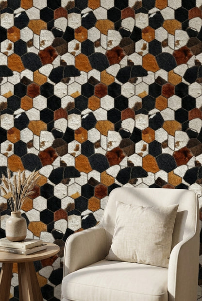 Altıgen Geometrik Duvar Kağıdı Siyah Hardal Salon Deseni