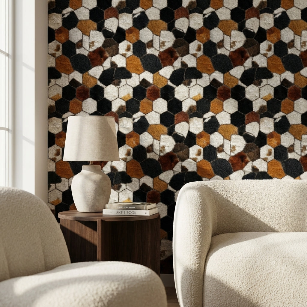 Altıgen Geometrik Duvar Kağıdı Siyah Hardal Salon Deseni