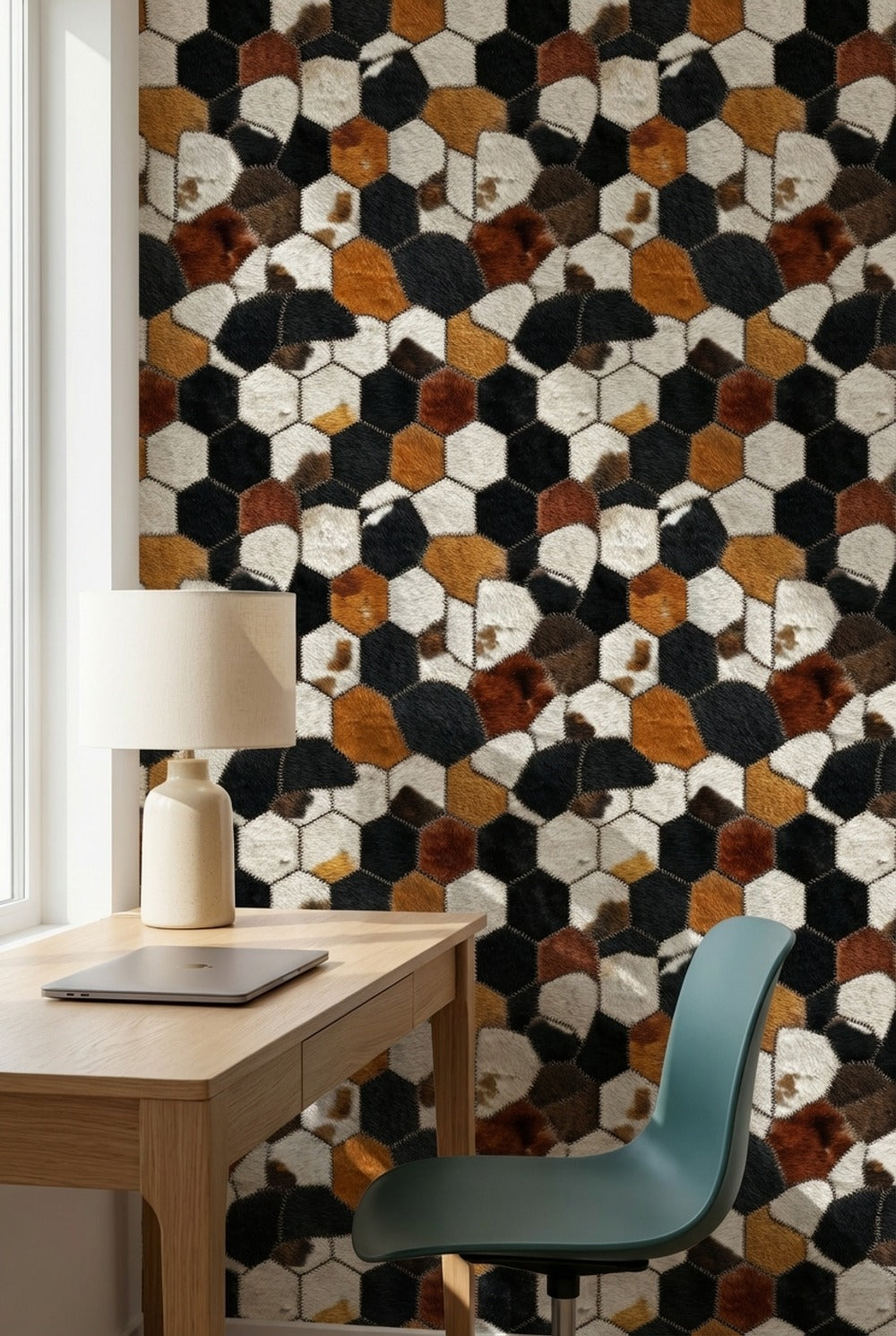 Altıgen Geometrik Duvar Kağıdı Siyah Hardal Salon Deseni