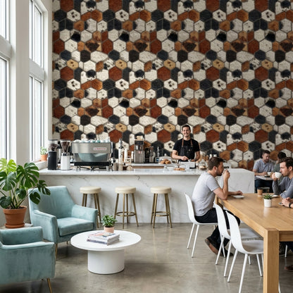 Altıgen Geometrik Duvar Kağıdı Kahverengi Siyah Modern Salon