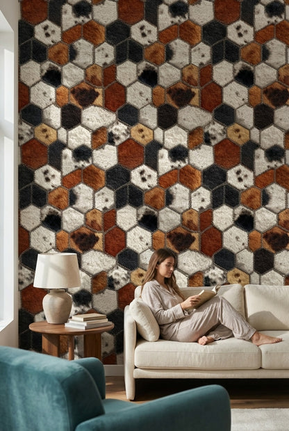 Altıgen Geometrik Duvar Kağıdı Kahverengi Siyah Modern Salon