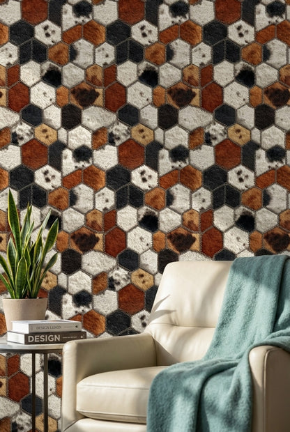 Altıgen Geometrik Duvar Kağıdı Kahverengi Siyah Modern Salon