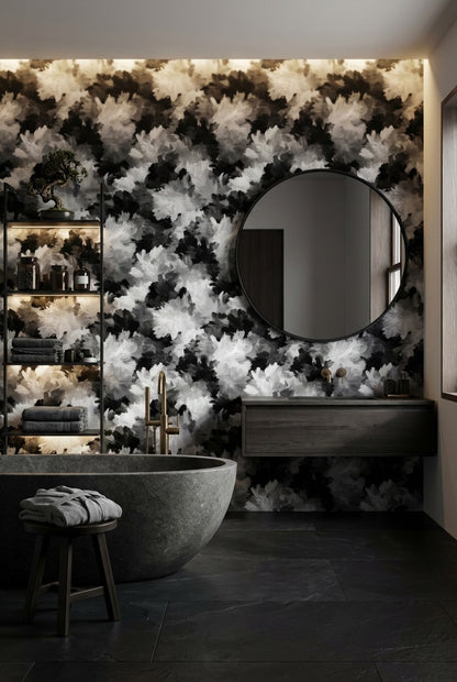 Siyah Beyaz Çiçek Desenli Duvar Kağıdı Modern Salon