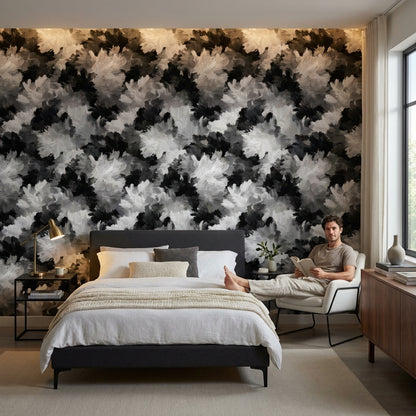 Siyah Beyaz Çiçek Desenli Duvar Kağıdı Modern Salon