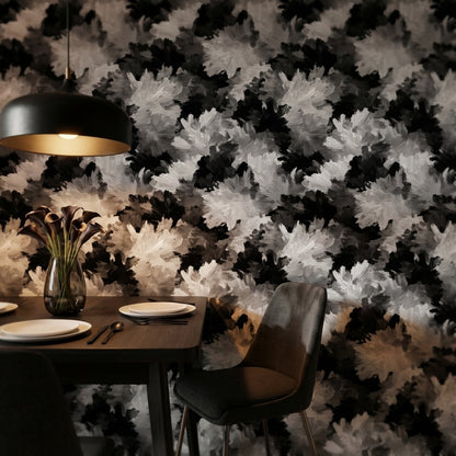 Siyah Beyaz Çiçek Desenli Duvar Kağıdı Modern Salon