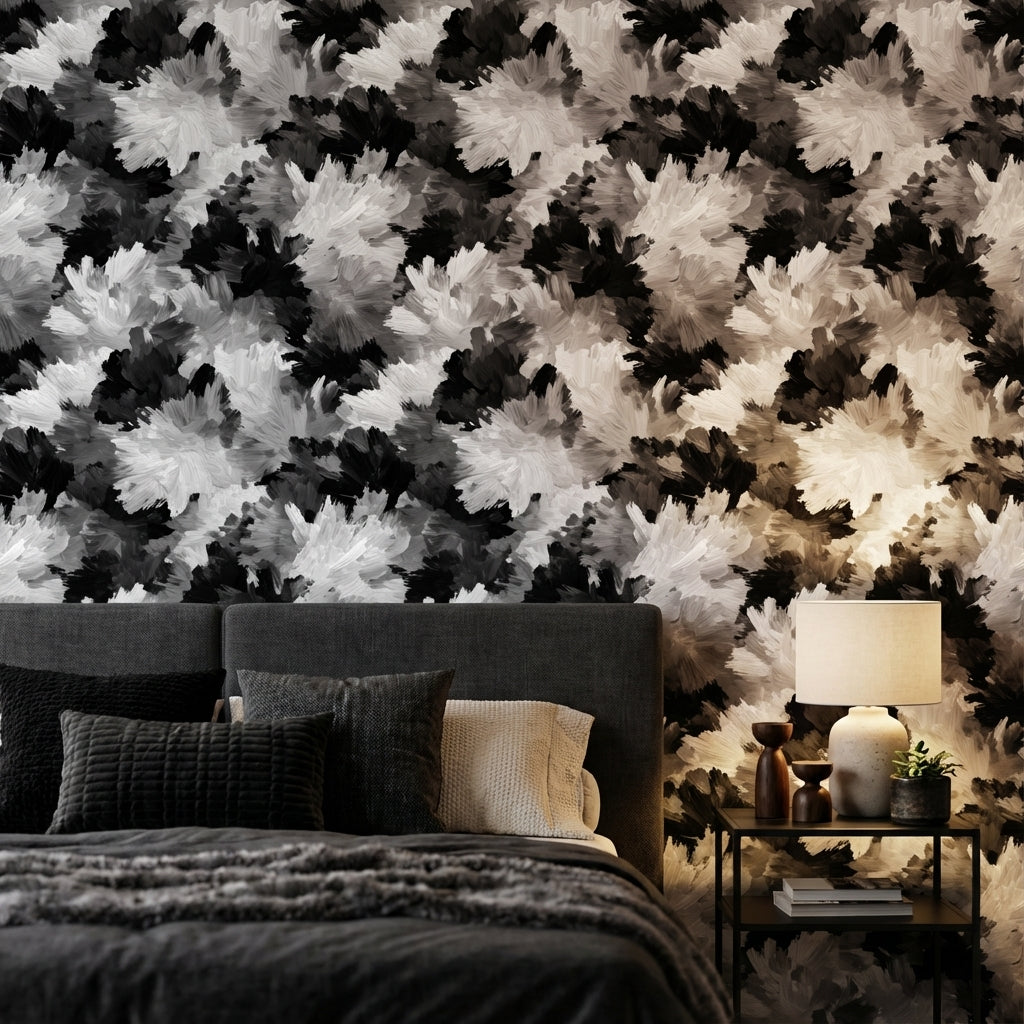 Siyah Beyaz Çiçek Desenli Duvar Kağıdı Modern Salon
