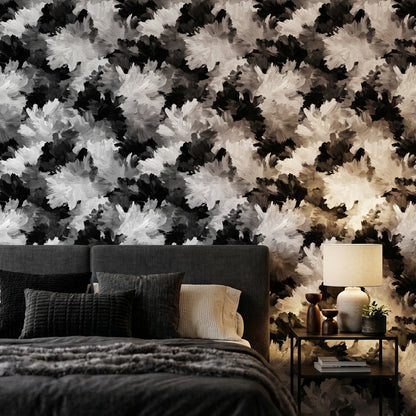 Siyah Beyaz Çiçek Desenli Duvar Kağıdı Modern Salon