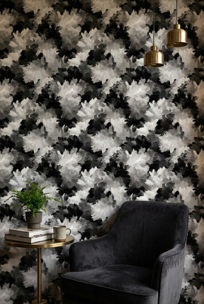 Siyah Beyaz Çiçek Desenli Duvar Kağıdı Modern Salon
