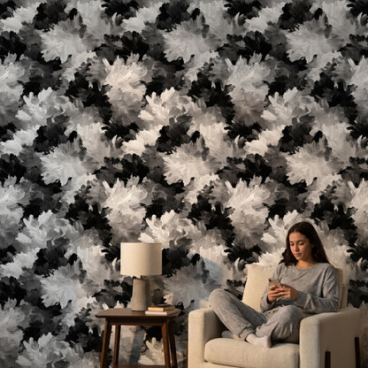 Siyah Beyaz Çiçek Desenli Duvar Kağıdı Modern Salon