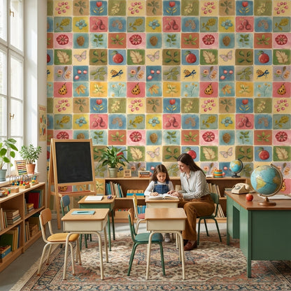 Renkli Kare Desenli Duvar Kağıdı Çiçekli Çocuk Odası