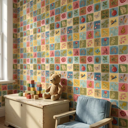 Renkli Kare Desenli Duvar Kağıdı Çiçekli Çocuk Odası