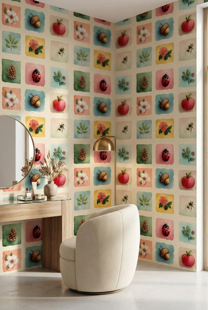 Pastel Orman Motifli Duvar Kağıdı Renkli Kare Desen