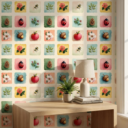Pastel Orman Motifli Duvar Kağıdı Renkli Kare Desen