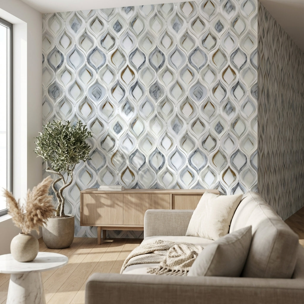 Geometrik Damla Desenli Duvar Kağıdı Beyaz Gri Modern