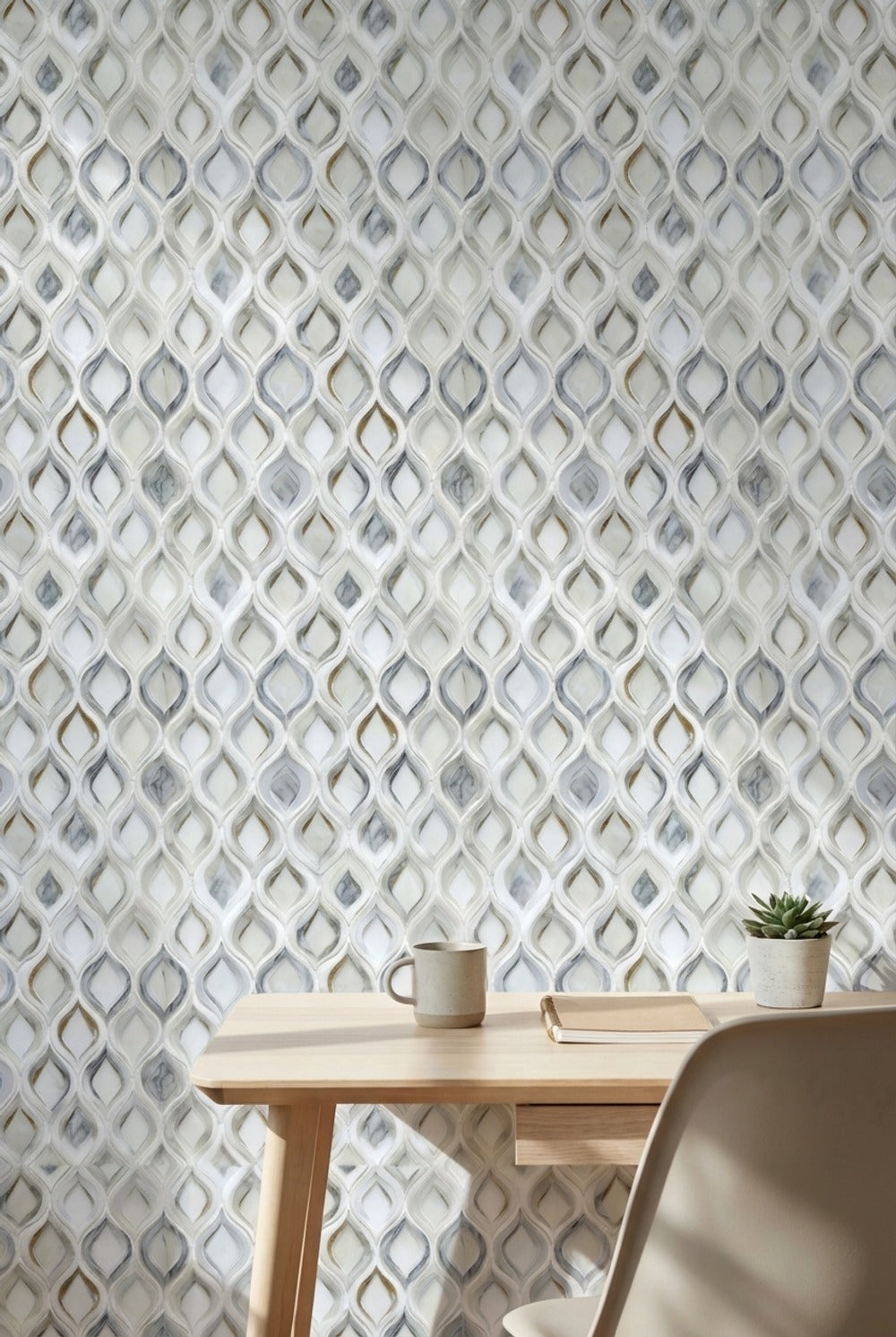 Geometrik Damla Desenli Duvar Kağıdı Beyaz Gri Modern