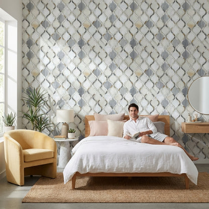 Geometrik Kafes Desenli Duvar Kağıdı Gri Krem Modern