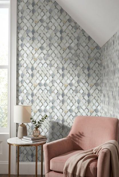 Geometrik Kafes Desenli Duvar Kağıdı Gri Krem Modern
